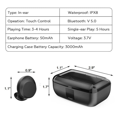 Bluetooth 5.0 Wireless Waterproof Earbuds with Charging Case - Black