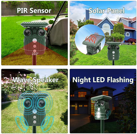 Ultrasonic Solar Animal Repeller - 5 Adjustable Modes - Get Rid of Deer, Squirrels, and Raccoons in 48 Hours