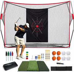Heavy Duty Golf Net Set - 8 Golf Balls, 11 Golf Tees & Tri Turf Golf Mat