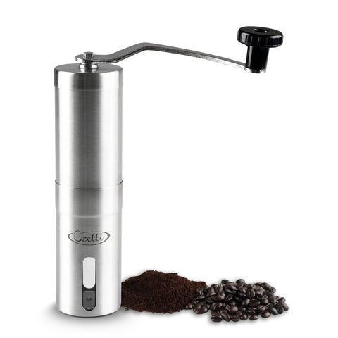 Ozetti Manual Coffee Grinder, Ceramic Burr Coffee Bean Grinder, Portable Crank Coffee Grinder with Stainless Steel Shell and Removable Handle