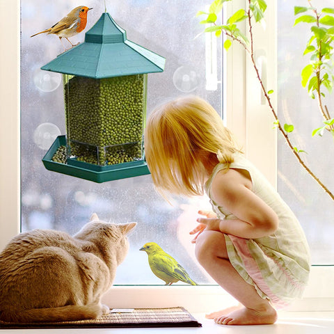 Hanging Bird Feeder for Wild Bird in Garden Yard Outside Decoration, Hexagon Shaped with Roof (Green)