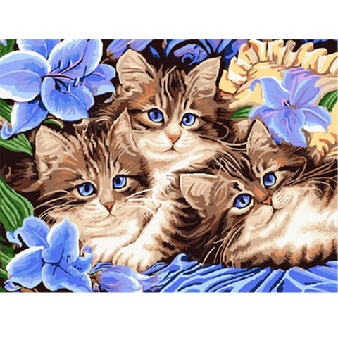 DIY Paint by Numbers Canvas Painting Kit - 3 Cats Flowers