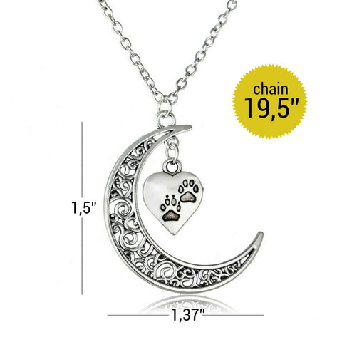 Crescent Moon and Paws Pendant Necklace, 19.5'' Chain, Great Gift for Animal Lovers