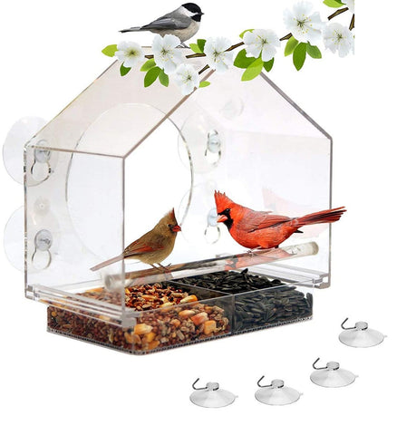 Window Bird House Feeder - Sliding Seed Tray Holder Birdhouse Shape - For Wild Birds - 4 Extra Suction Cups