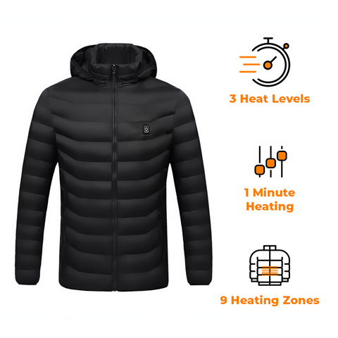 Super Therma Heated Jacket for Women and Men with Battery Pack 5V - Detachable Hood - 9 Heated Zones