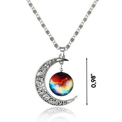 Galaxy & Crescent Cosmic Moon Pendant Necklace - Colorful Glass - 17.5''