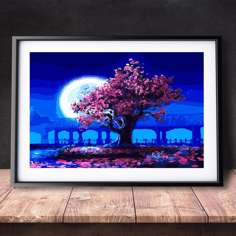 DIY Paint by Numbers Canvas Painting Kit - Pink Tree Blue Night