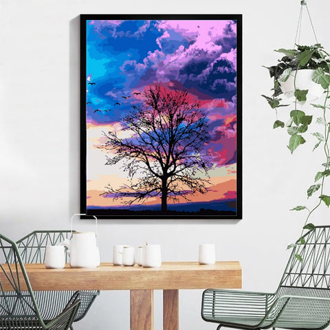DIY Paint by Numbers Canvas Painting Kit - Lonely Tree Under Pink Sky