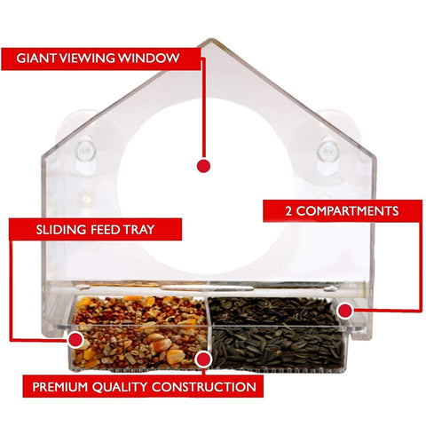 Window Bird House Feeder - Sliding Seed Tray Holder Birdhouse Shape - For Wild Birds - 4 Extra Suction Cups