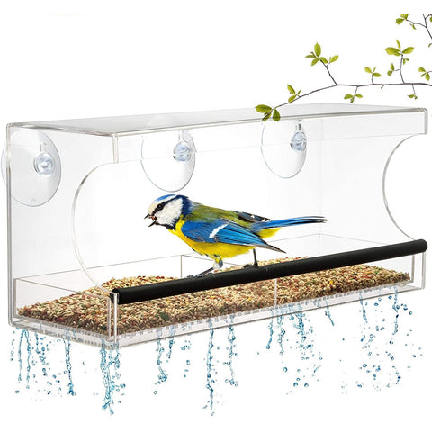 Window Bird House Feeder with Sliding Seed Tray Holder and 3 Extra Strong Suction Cups - For Wild Birds, Finch, Cardinal, and Bluebird