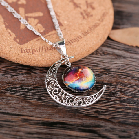 Galaxy & Crescent Cosmic Moon Pendant Necklace - Colorful Glass - 17.5''
