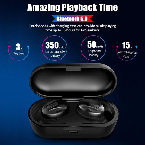 Bluetooth 5.0 Wireless Earbuds with Charging Case - Black