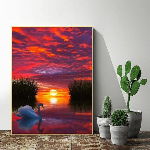 DIY Paint by Numbers Canvas Painting Kit - Red Sunset Swan