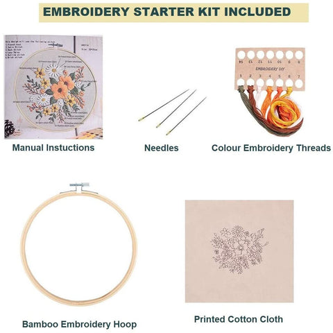Embroidery Starter Kit with Pattern Flowers White Orange