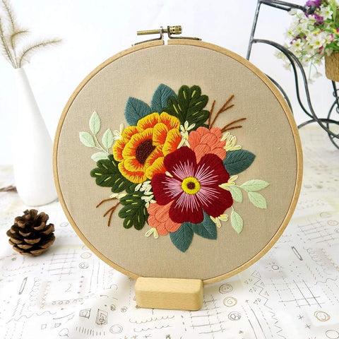 Embroidery Starter Kit with Pattern Flowers Orange Red