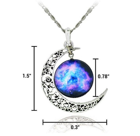 Galaxy & Crescent Cosmic Moon Pendant Necklace