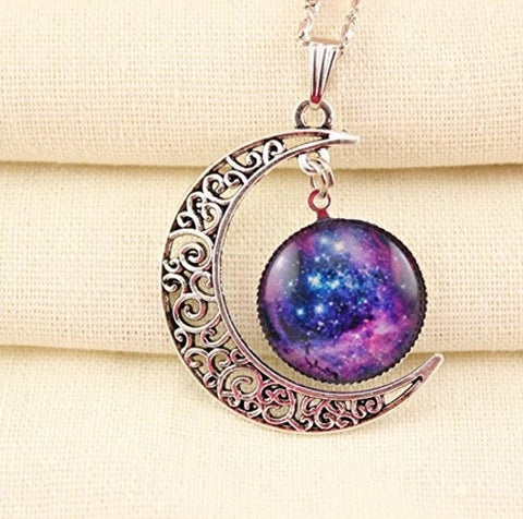 Galaxy & Crescent Cosmic Moon Pendant Necklace