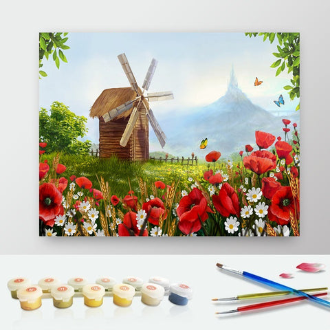 DIY Paint by Numbers Canvas Painting Kit - Windmill in The Village