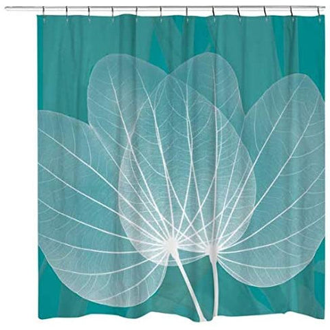 Fabric Shower Curtain Set with Hooks Teal Eucalyptus Leaf