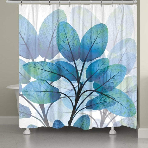 Fabric Shower Curtain Set with Hooks Mint Blue Leaves