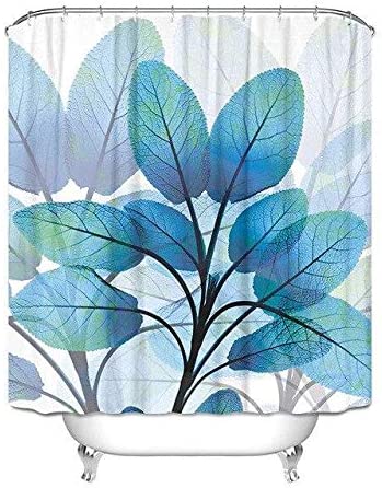Fabric Shower Curtain Set with Hooks Mint Blue Leaves