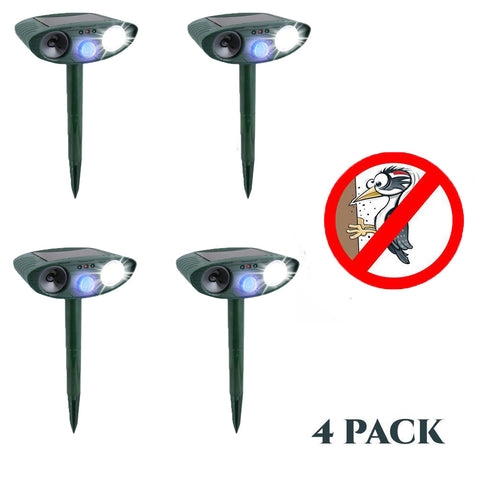 Woodpecker Outdoor Ultrasonic Repeller - PACK OF 4 - Solar Powered Ultrasonic Animal & Pest Repellant - Get Rid of Woodpeckers in 48 Hours or It's FREE