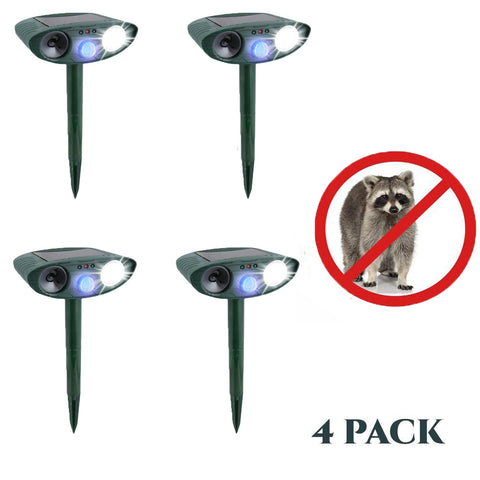 Raccoon Outdoor Ultrasonic Repeller - PACK OF 4 - Solar Powered Ultrasonic Animal & Pest Repellant - Get Rid of Raccoons in 48 Hours or It's FREE